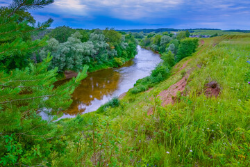 Landscape river with mountains summer 