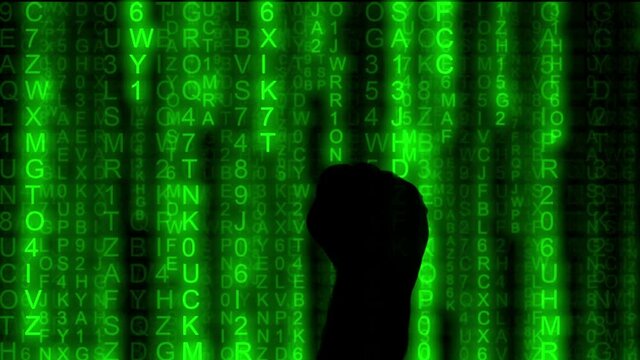 The silhouette of a man's hand appearing over a code rain (popular sci-fi movie animation) making a rude vulgar gesture with his middle finger.
