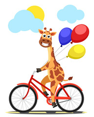 Giraffe rides a bicycle with balloons. The character