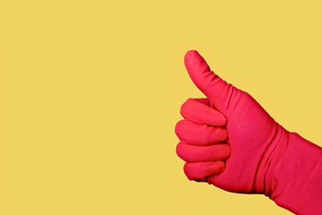 Unrecognizable person with pink glove make Like sign in front of yellow background.