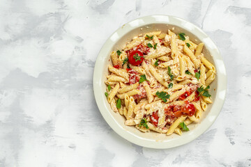 baked feta pasta with cherry tomatoes herbs and garlic, Trending Fetapasta. banner, menu recipe place for text, top view