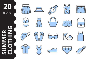 Summer clothing line icons set. Collection vector symbols in color.