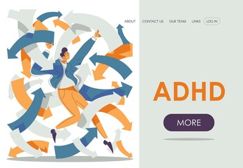 ADHD landing page template with man in doubt among plenty of arrows. Mental health banner - obrazy, fototapety, plakaty