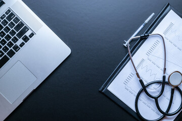 Doctor workplace. Healthcare medical infographic, doctor health stethoscope and notebook, needle...