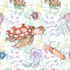 Undersea nautical  watercolor print decorative sea life vintage style seamless pattern 