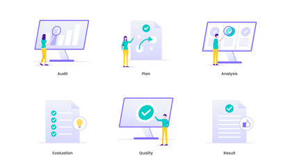 Assessment Analysis Evaluation Measure Business Analytics Vector Illustration Concept with icons. Suitable for ui, ux, web, mobile, banner and infographic.