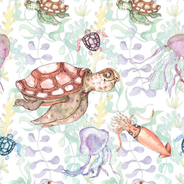 Undersea nautical  watercolor print decorative sea life vintage style seamless pattern 