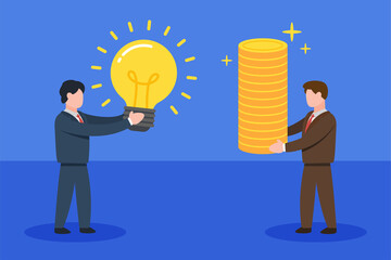 A businessman holding a glowing light bulb while another one holding pile of coins. Creative concept of exchanging idea for money. Business deal. Simple trendy cute vector flat style illustration.