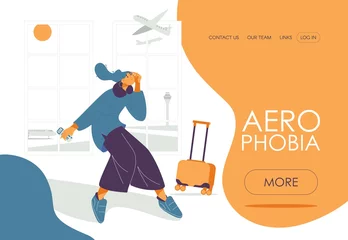 Fotobehang Aerophobia concept landing page template. Vector woman character in airport scared because of the flight. Commercial passenger airlines in the sky © yokunen