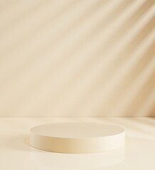 3D render, Illustration. A cylinder, podium, pedestal in soft pastel colors. Geometric shapes composition with empty space for product design show. Minimalistic. Studio background. Leaves shadow. 
