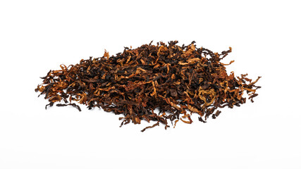 Pile of long coarse cut pipe tobacco over white