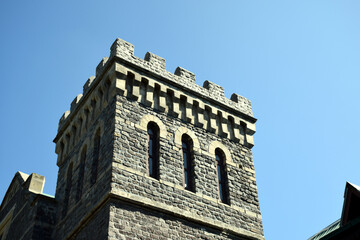 Beautiful picture of old structure of a building. blue sky in background. Selective focus, Selective Focus On Subject, Background Blur