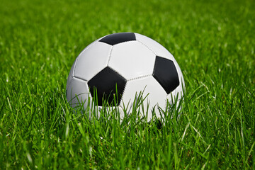 Fototapeta premium Football ball in green grass of soccer field
