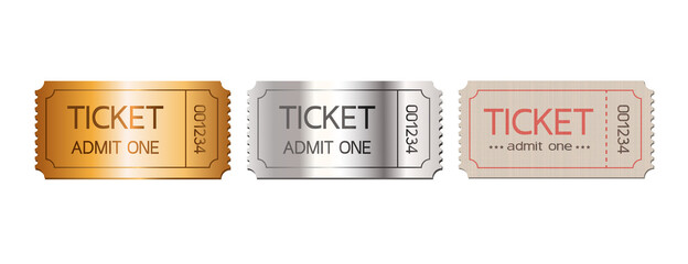 Set of vector tickets isolated on white background. Gold, silver and matte, vintage tickets. - obrazy, fototapety, plakaty