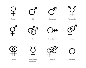 Gender icons. Gender SVG icon set. Male, female, transgender, hybrid, gay, lesbian, heterosexuality, Intersex, genderless, other gender and bisexual symbols set.