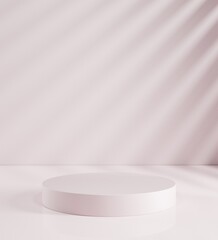 3D render, Illustration. A cylinder, podium, pedestal in soft pastel colors. Geometric shapes composition with empty space for product design show. Minimalistic. Studio background. Leaves shadow. 
