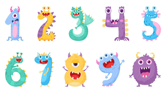 Set of funny cute monster numbers in cartoon style. Vector