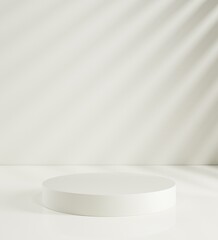 3D render, Illustration. A cylinder, podium, pedestal in soft pastel colors. Geometric shapes composition with empty space for product design show. Minimalistic. Studio background. Leaves shadow. 