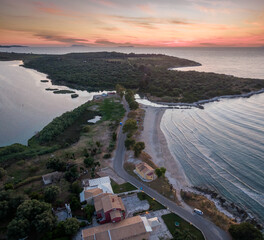 Agios spyridon beach sunset aerial corfu