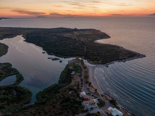 Agios spyridon beach sunset aerial view