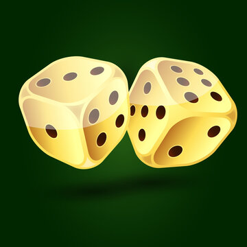 Gold dice isolated on dark green background. Vector illustration
