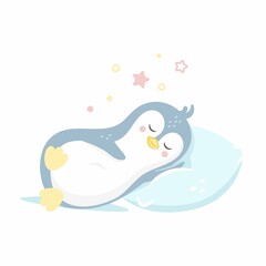 Cute Penguin Sleeping On Pillow. Cartoon Vector Icon Illustration. Animal Sleep Icon For nursery interior. Concept Isolated Premium Vector. Flat Cartoon Style pastel colour