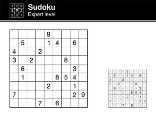 Sudoku. Expert level. Black and white, with solution. Sudoku icon.