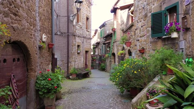 Medieval village Farnese in tuffa rocks (viterbo province). Traditional villages of Italy.
Aerial view between the alleys and outside of Farnese in the province of Viterbo, Lazio Italy.