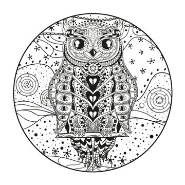 Mandala. Owl. Design Zentangle. Hand drawn vintage owl with abstract patterns on isolation background. Design for spiritual relaxation for adults. Black and white illustration for coloring. Zen art