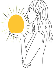 Illustration of a woman holding the sun in her hands, sketch style 