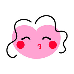 Abstract pink heart shape face with kiss, hair, blush. Character icon design vector illustration isolated on white background. Expression people emotion
