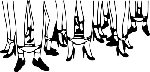 Illustration of many female legs standing in heels and with lowered panties, feminism concept 