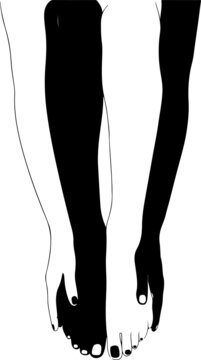 Illustration of a girl holding her legs with her hands and one half her body is black and other is white, the concept of racial equality