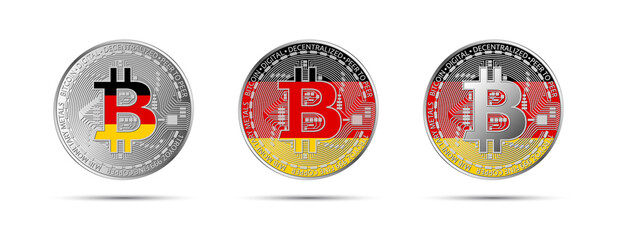 Three Bitcoin crypto coins with flag of Germany. Money of the future. Modern cryptocurrency vector illustration
