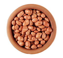 Sugar peanuts pile in clay pot isolated on white background, top view