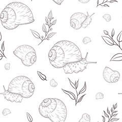 Hand Drawn Garden Snail with Floral Elements Engraved Seamless Pattern in Vintage Style. Engraved mollusk with leaves illustration for wrapping paper, background, textile and fabric