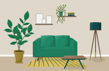 cozy living room interior with sofa, house plants