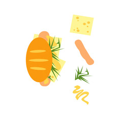 Delicious hot dog with sausage, herbs, cheese and mustard sauce. Ingredients for the Great Dane. Breakfast. Isolated. Vector illustration.