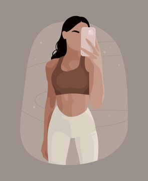 A girl with a beautiful figure makes a selfie. Sports uniform. Legends and a sports bra, long black hair. Slim figure, pumped-up muscles. Abstract background with lines and dots. Vector illustration.