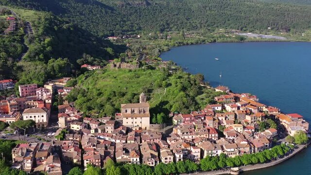 The village and fortress of Trevignano Romano, on Lake Bracciano, Rome, Italy.
Aerial view of the small village of Trevignano overlooking Lake Bracciano