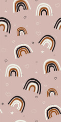 Kids hand-drawn seamless pattern with rainbows and stars. Summer minimalistic background. Pastel colors for girls. Scandinavian design. Print for baby design. Kids pattern - Vector