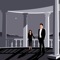 A guy and a girl are standing in a gazebo on the beach. Vector illustration.