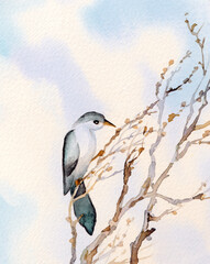 Watercolor landscape. Old bare tree
