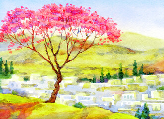 Obraz na płótnie Canvas Watercolor landscape. Blooming almond tree on a mountain above the city