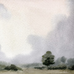 Watercolor landscape. Road in a wheat field