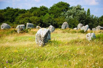 Menhirs - big megalithic monuments near Carnac. Brittany, France. Tourist attractions. 