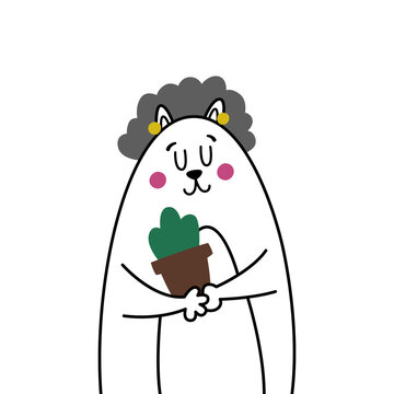 Cute comic grandmother cat. Old gray-haired granny smiles and holds a pot with a houseplant. Illustration for a photo portrait of a cat family. Funny linear flat illustration for children's book