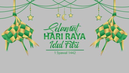 selamat hari raya idul fitri vector illustration with ketupat realistic, crescent moon, and stars