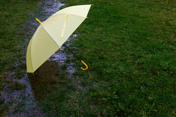 A yellow umbrella lies in a stream from the rain on the wet grass-the concept of rainy spring days