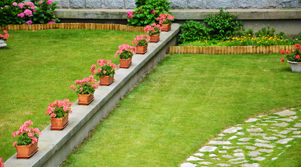 Row of boxes with pink geranium flowers in French garden.